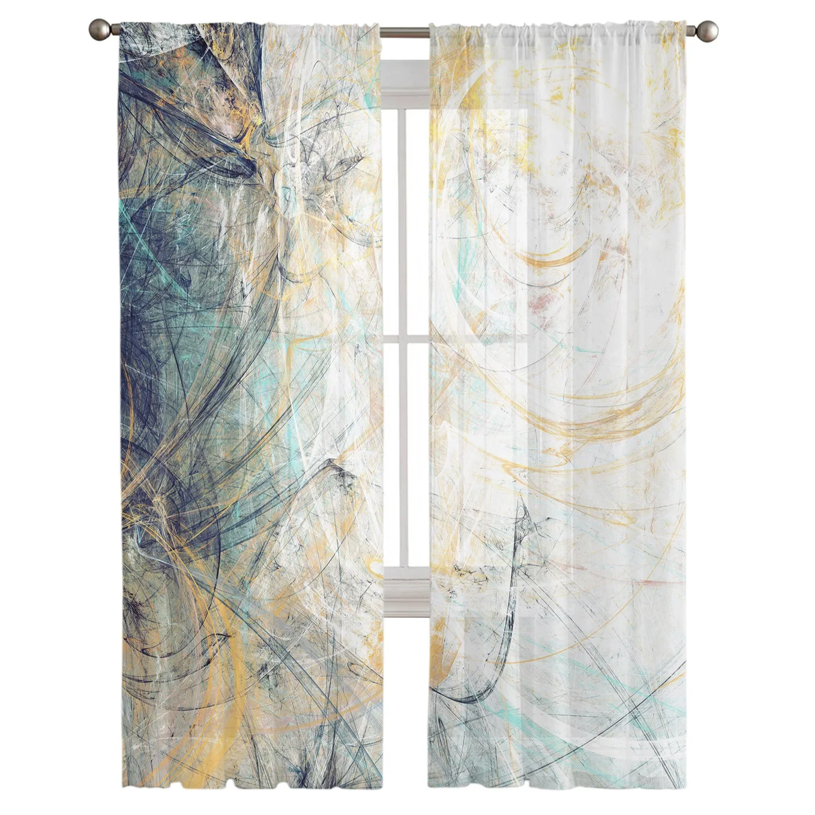 Luxury Tulle Curtains Art Paint Modern Retro Living Room Kitchen Chiffon Curtain Youth Bedroom Sheer Floor Valance Curtain