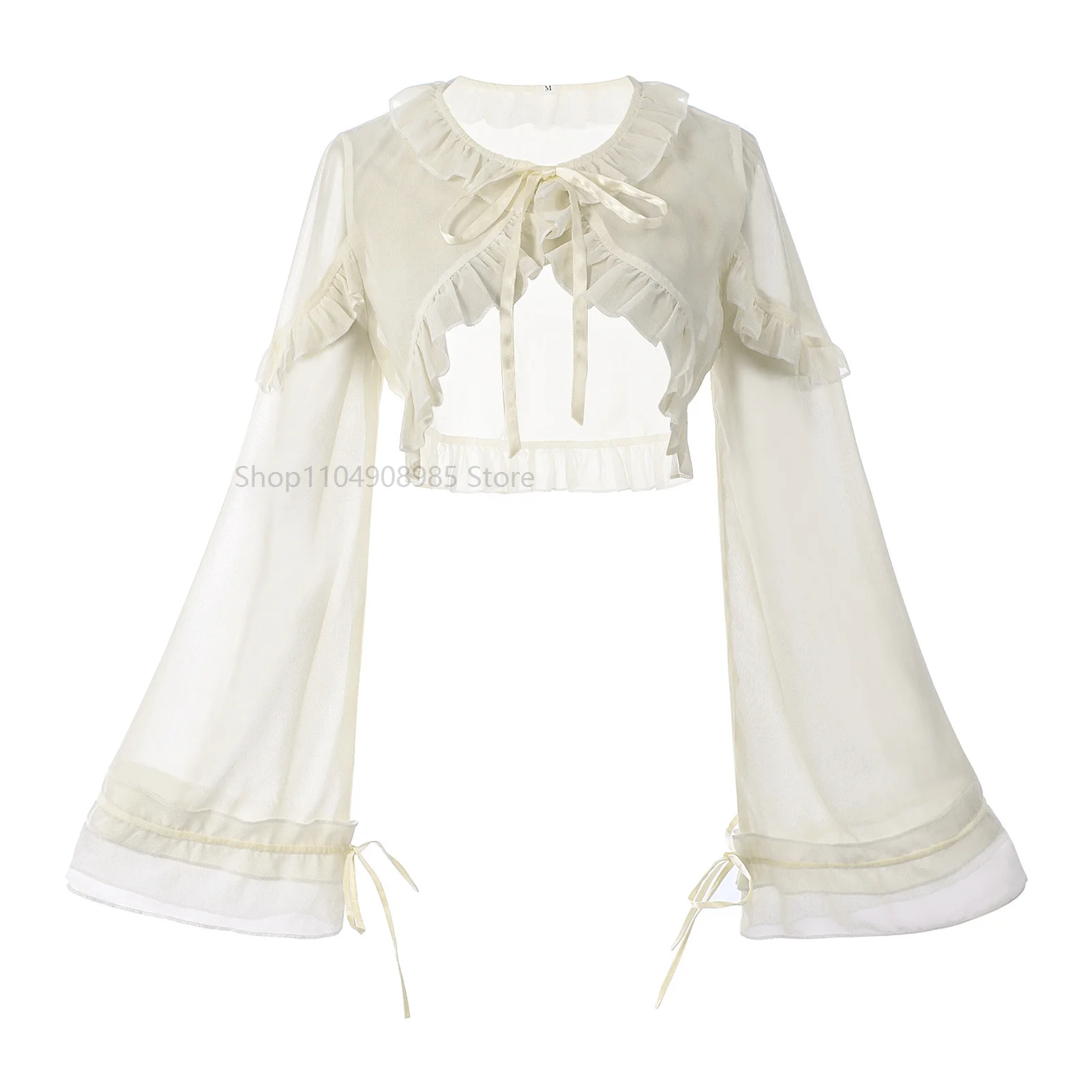 

2025 Sweet Lolita Blouses Women Kawaii Lace Bow Ruffle Collar Short Top Girls Summer Casual Loose Long Sleeve Chiffon Shirts