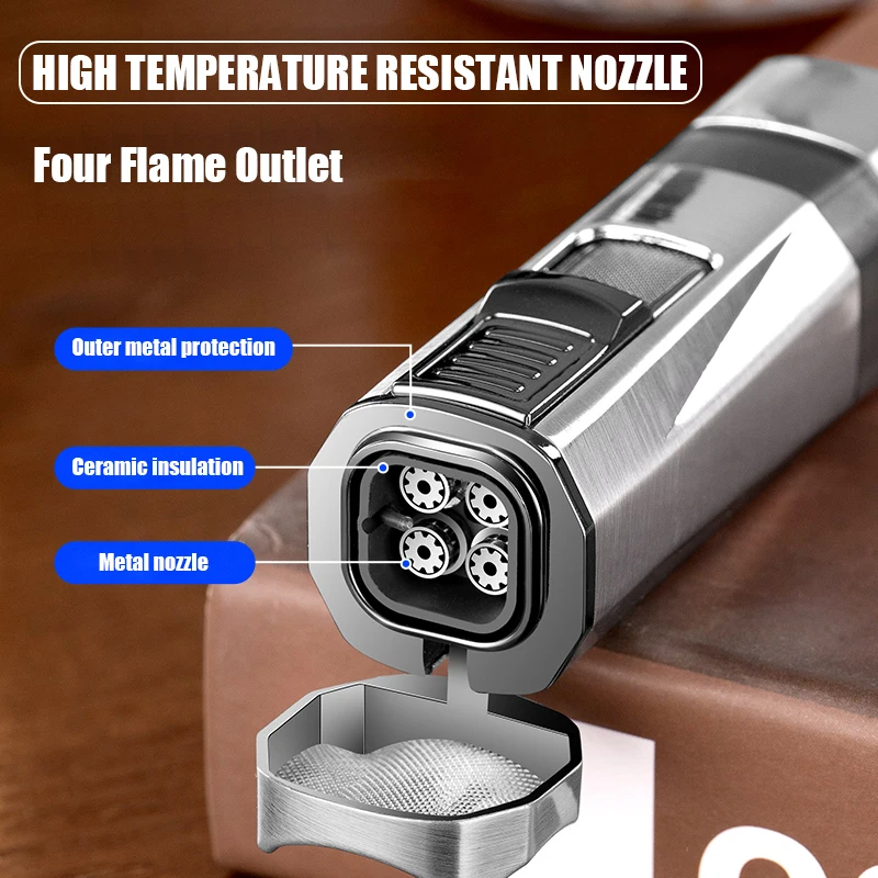 Windproof Four Fire Jet Flame Torch Cigar Lighter, Visible Large Capacity, Gas Chamber, Adjustable Bottom Cigar Cutter