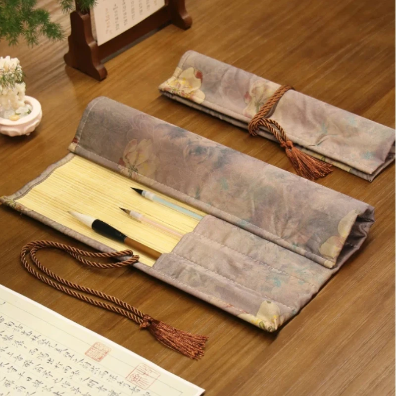 Bamboo Calligraphy Brush Roll Case Large Capacity Pen Pencil Storage Bag Pouch Portable Calligraphy Painting Brush Roll Curtain