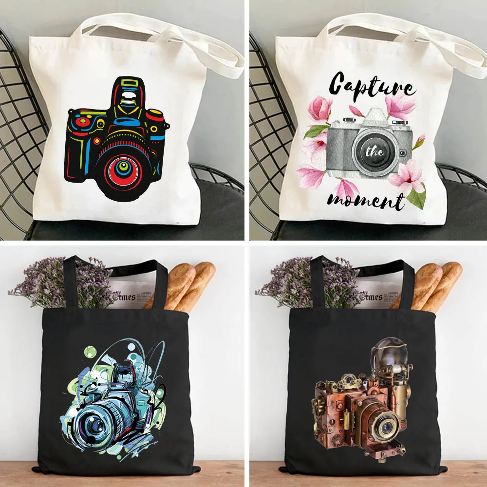 Vintage Watercolor DIGINEED Floral Camera Photographer Photography Flower Women Shoulder Cotton Canvas Tote Bag Shopping Handbag