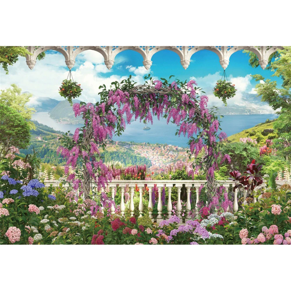 Spring Natural Landscape Scenery Backdrop Flower Summer Seaside Balcony Holiday Wedding Birthday Photography Background Decor