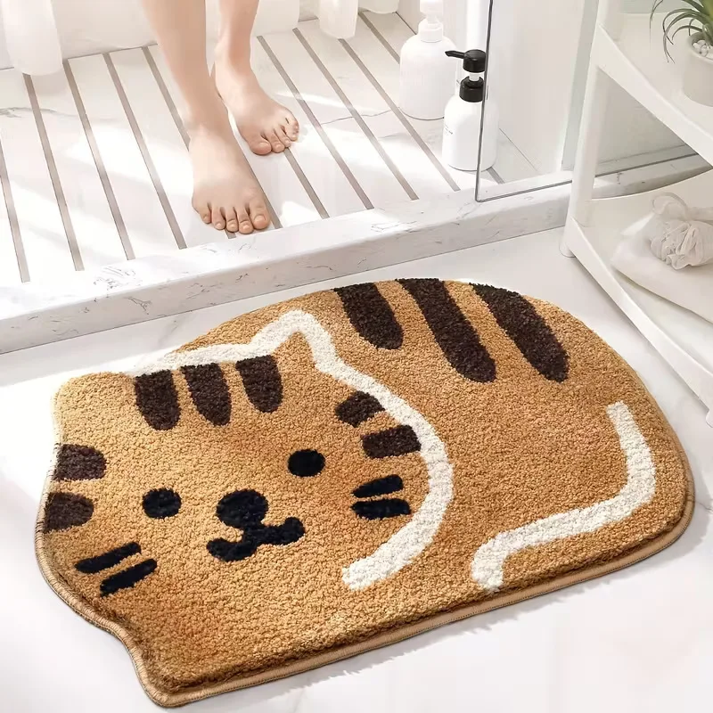 VIKAMA Orange Cat Face Semi Circle Bath Mat Warm Insulating Non Slip Bathroom Farmhouse Style Christmas Holiday Home Decor