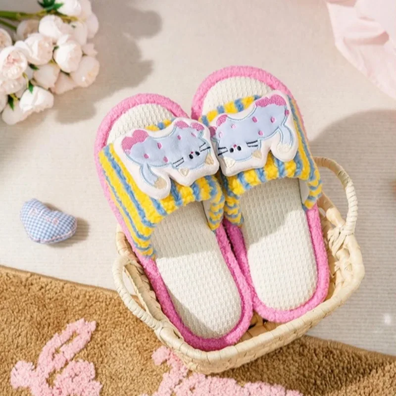 

Women Cute Cat Slippers Indoor Soft Comfortable Non Slip Breathable Four Seasons Flax cotton shoes 3D Cartoon Animal Home Shoes