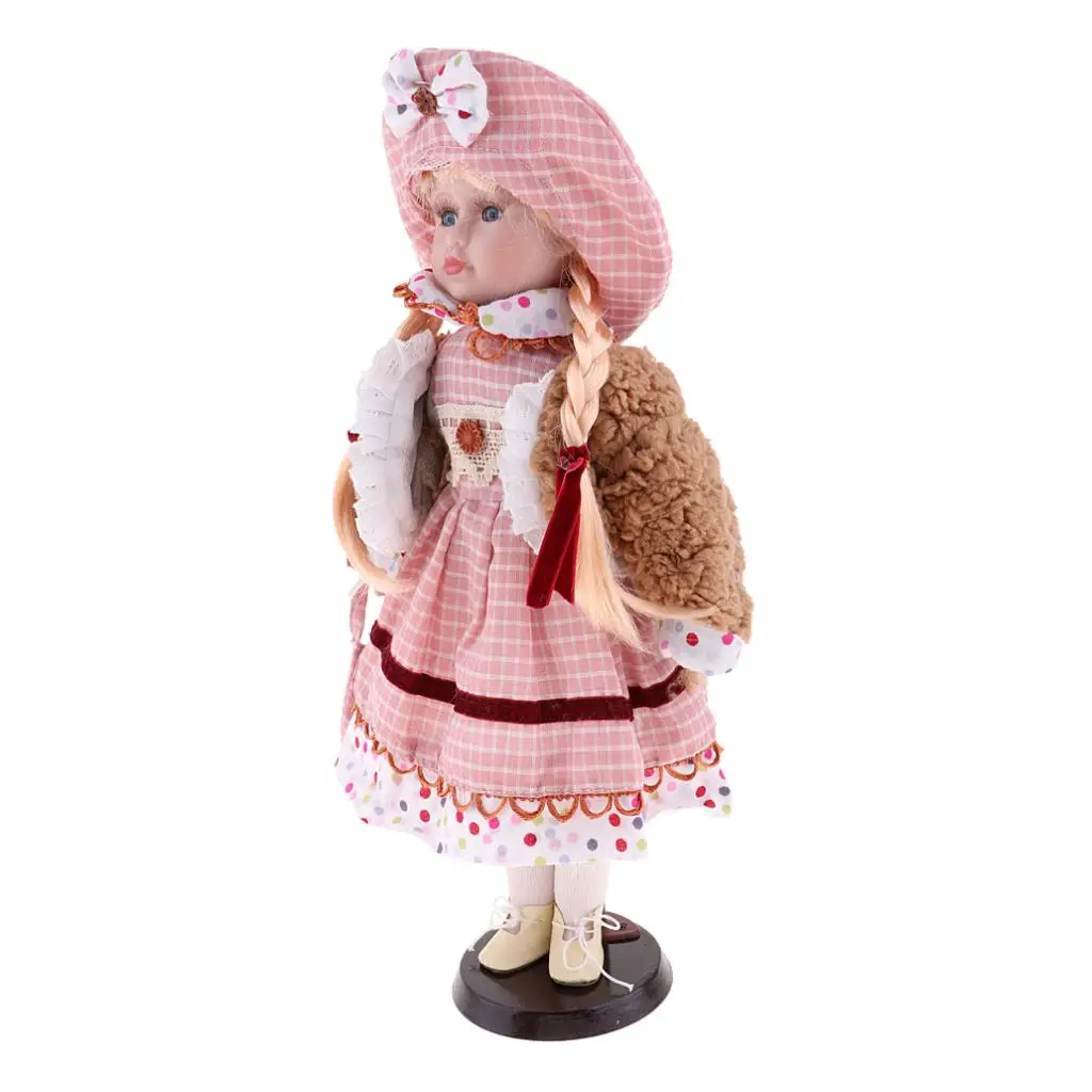 

16inch Porcelain Doll with Clothes & Wood Stand Home Display Decoration Porcelain Dolls Collectible