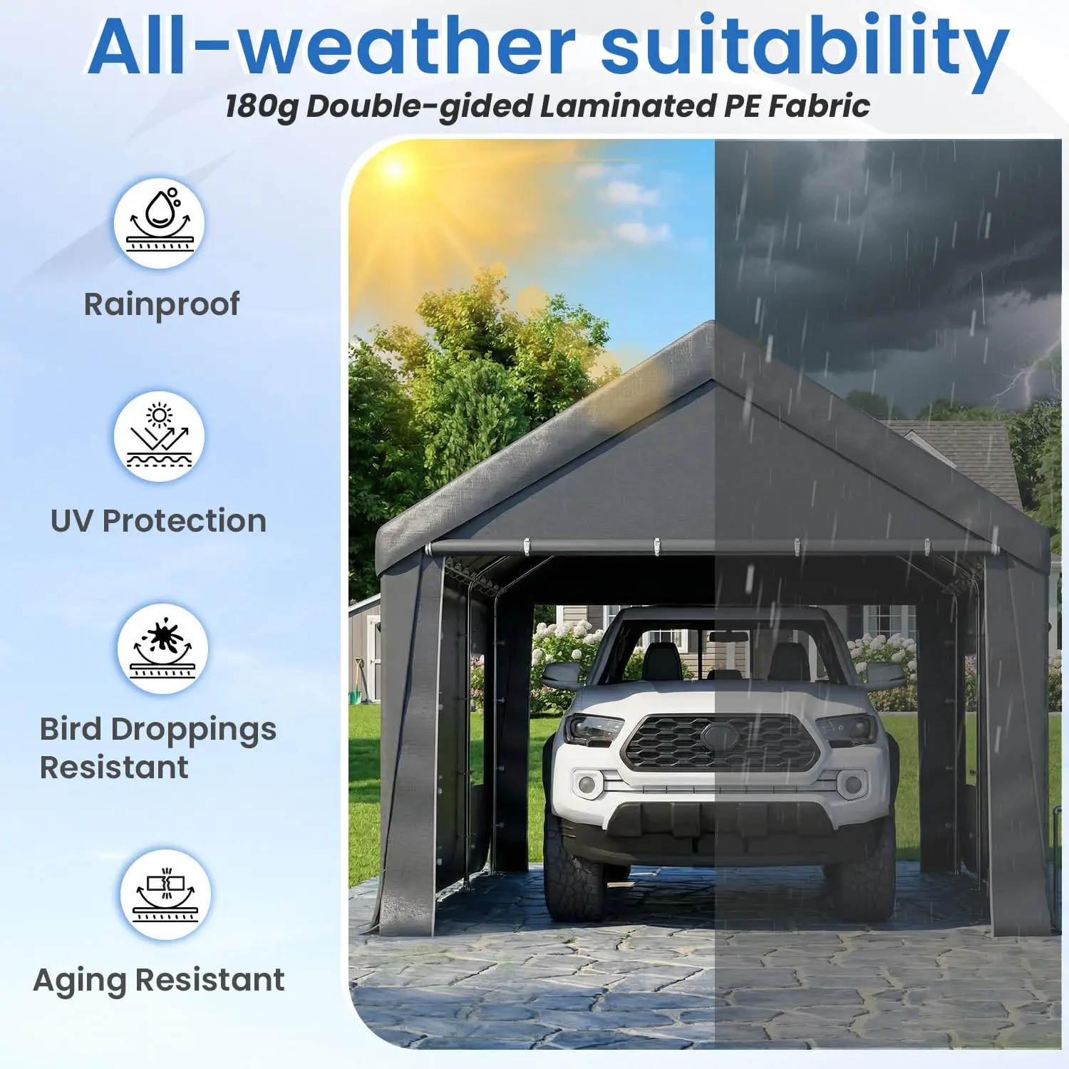 10x20 FT Heavy Duty Carport Canopy with Sidewalls, Grey | Car Port with All-Season Tarp for Cars, Portable Garage Tent, Custom view 3