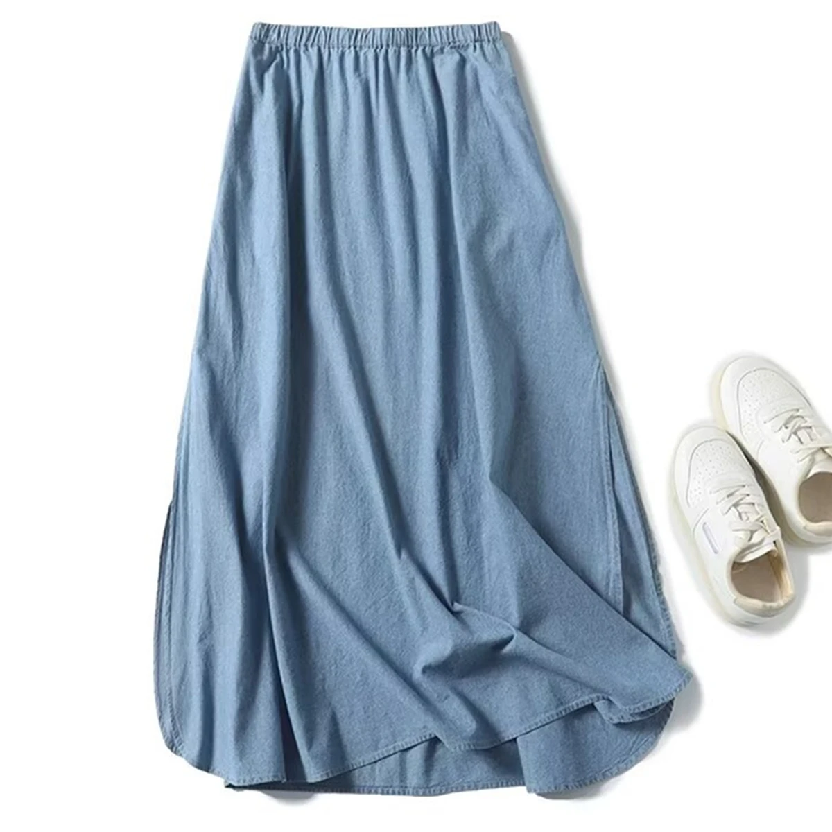 Dave&Di French Minimalist Lazy Commuter Leisure Denim Skirt Women Fashion Sky Blue Summer Cotton A-line Midi Skirts Womens