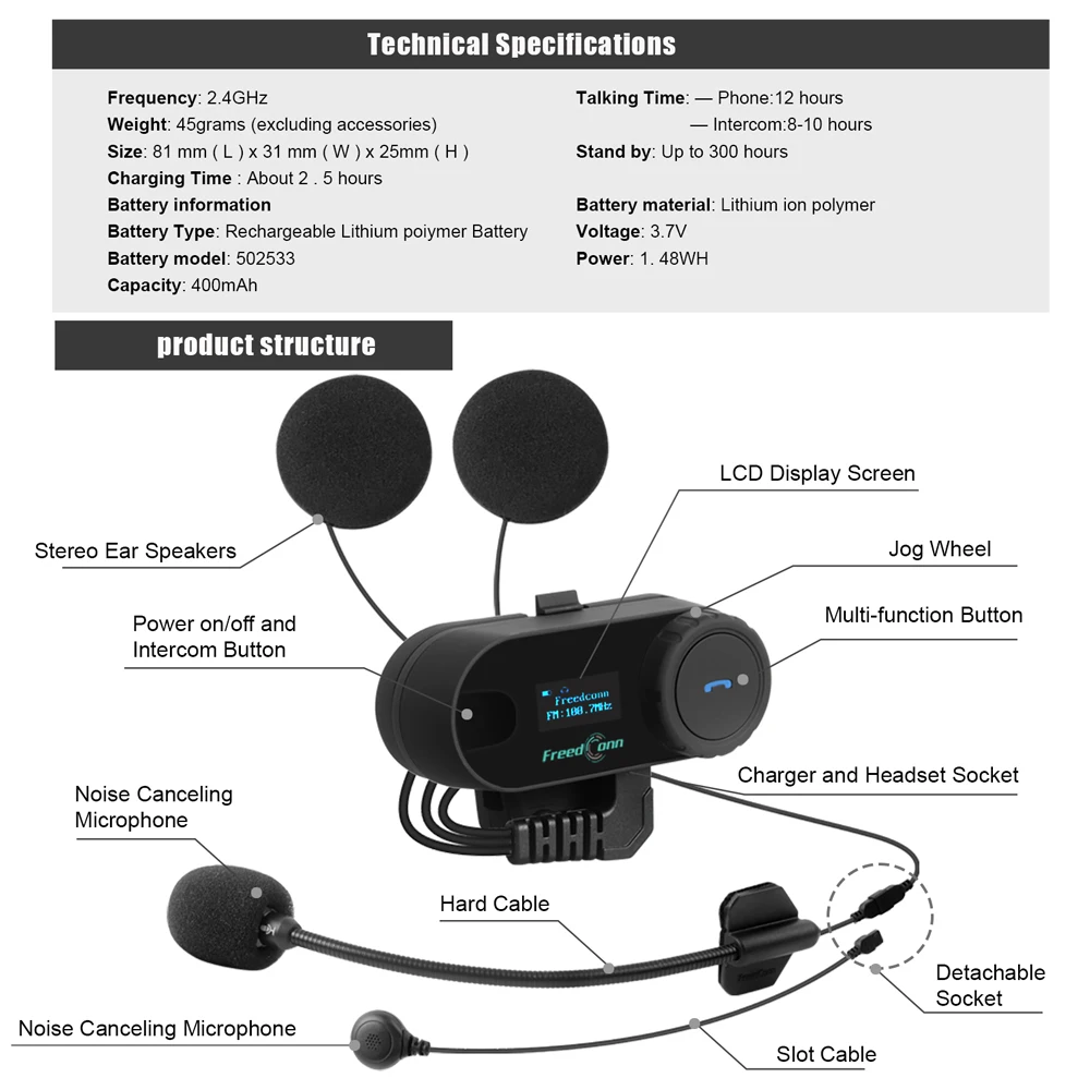 FreedConn Bluetooth Motorrad Intercom Helm Headset Drahtlose Motorrad Kopf Interphone LCD Bildschirm FM Kopfhörer – Detail 13