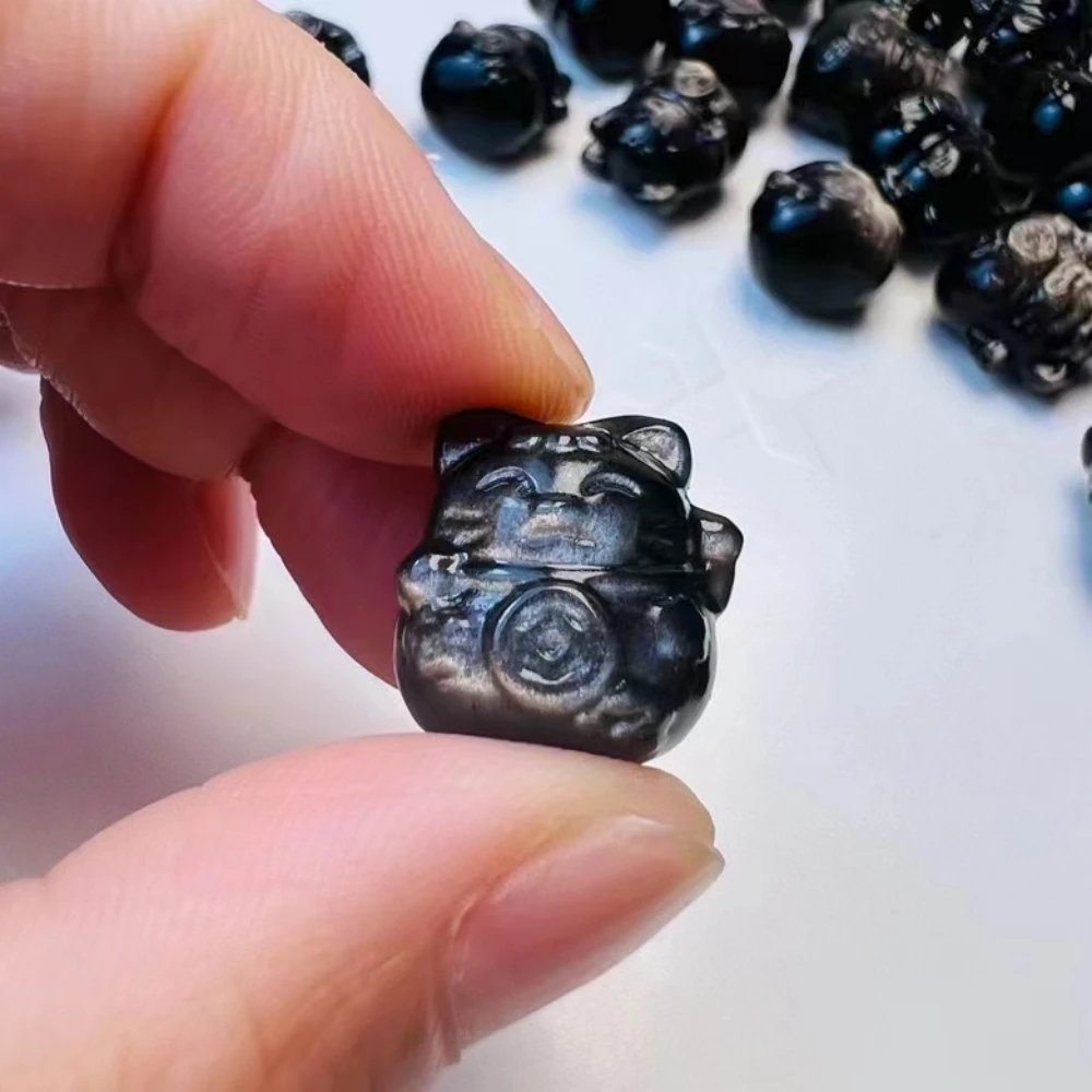 

1pc Natural Stone Silver Obsidian Lucky Cat Quartz Crystal Stones Carvings Craft Figurine Meditation Home Decor DIY Accessory