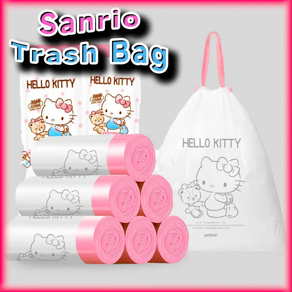 Kawaii Hello Kitty Disposable Drawstring Trash Bag for Kitchen Office Bathroom Garbage Bags Sanrio Anime Thickened Plastic Bag