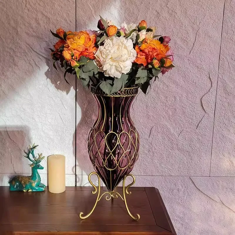 Arte rojo europeo piso creativo vidrio púrpura florero grande hidropónico rico lirio de bambú gran arreglo floral para sala de estar