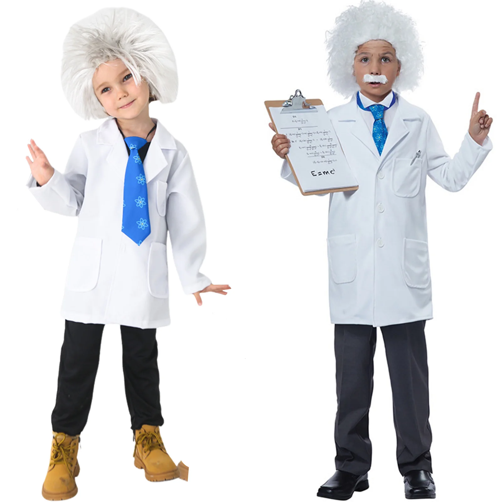 Grande fisico Cosplay Mad Scientist per ragazzi bambini Costume Halloween Cosplay Party Lab Kids Lab Coat Tie Wig