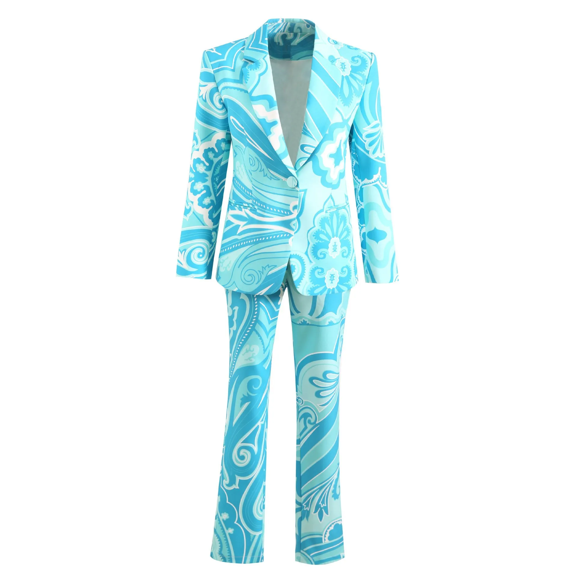 

High Quality Women's Printed Blazer And Pant Suitset Luxury Deisgner Inspired Fashion 2 Piece Blue Outfits