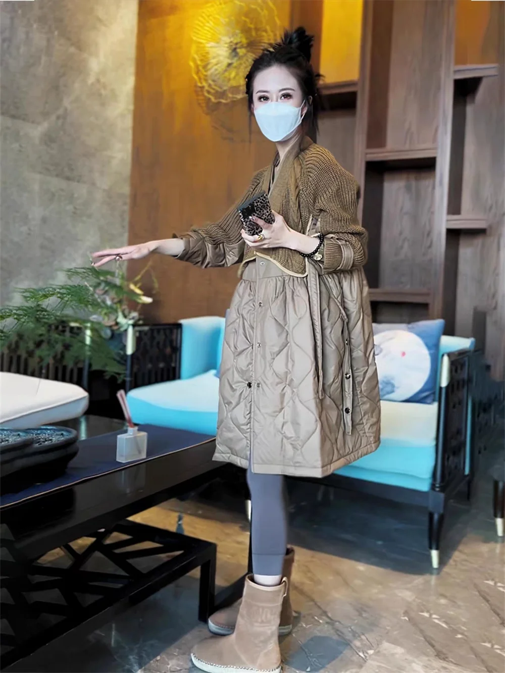 Light Luxury Style Design Sweater Splice Long Down Cotton Coat Women's Autumn and Winter New Coat 2023