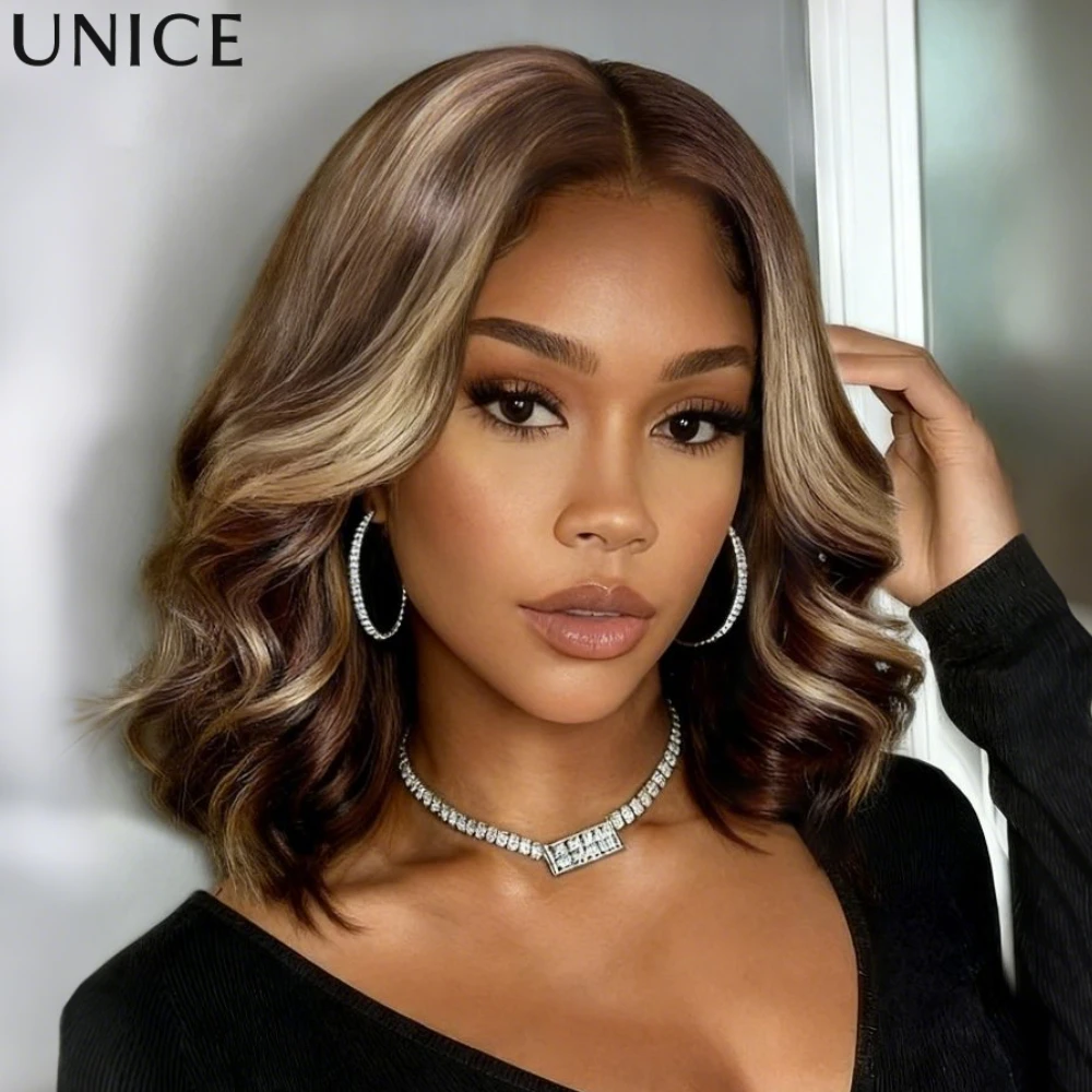 

UNice 13x4 Lace Frontal Brown With Honey Blonde Streaks Wavy Bob Wig With Face-Framing Layers 100% Human Hair Glueless Wigs