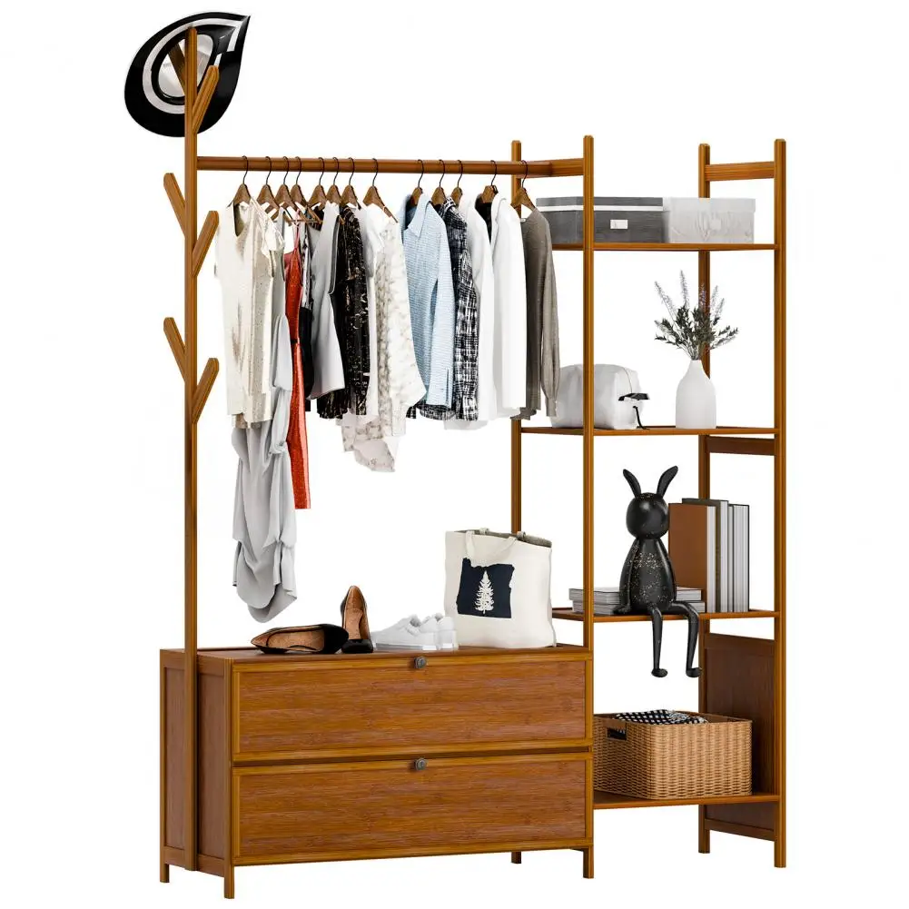 Open Wardrobe Coat Stand Bamboo Garment Rack with Shelves Clothing Hanging Rail