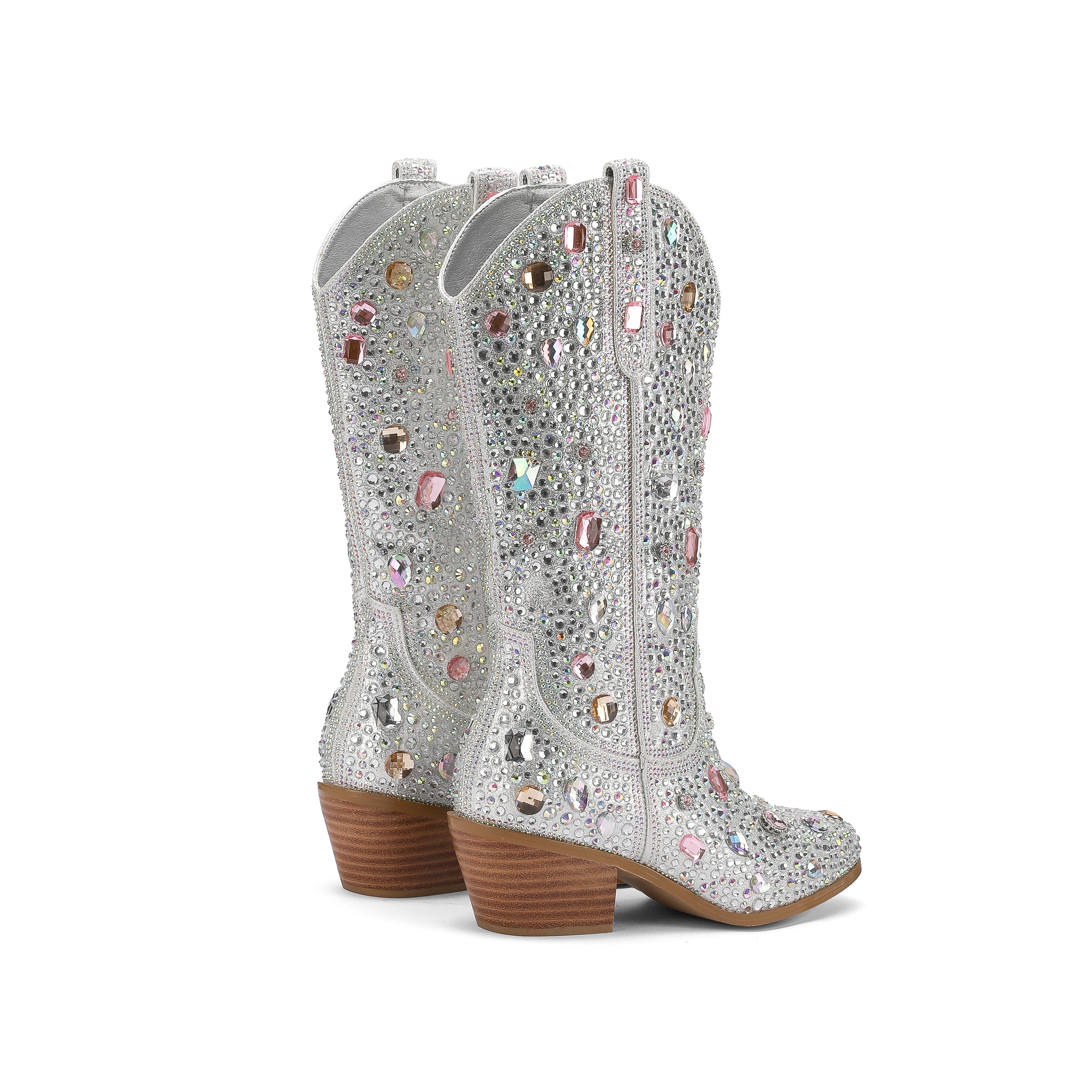 Round Toe Multi-Colored Rhinestone Style Long Biker Boots