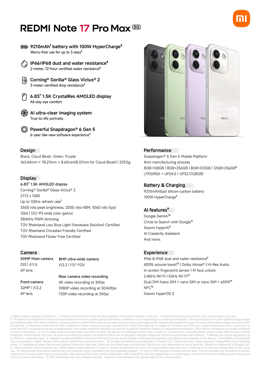 Global Version Redmi Note 17 Pro Max 5G 6.83' Smartphone 5G 9210mAh Battery 100W HyperCharge IP66 IP68 Powerful Snapdragon® 6 Gen 5