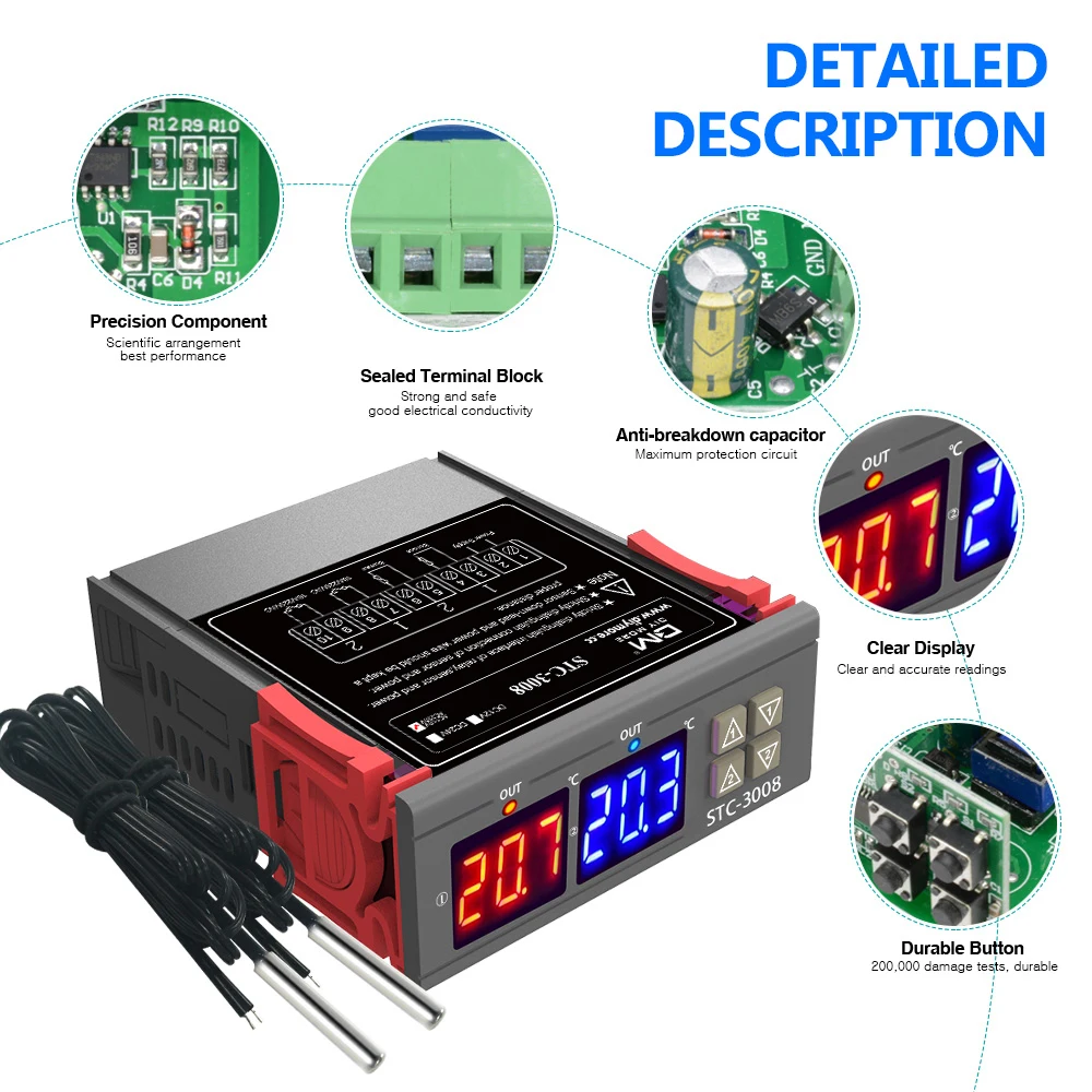 Imagem -02 - Dupla Digital Controlador de Temperatura Dois Relé Saída dc 12v 24v ac 220v Termorregulador Termostato com Aquecedor Térmico Stc3008