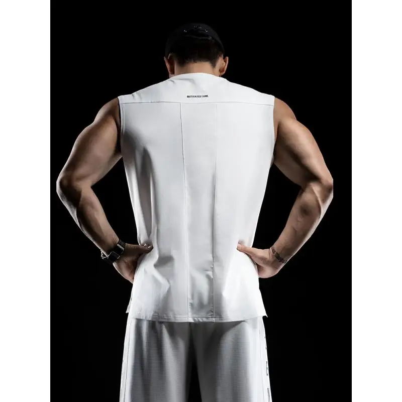DROZENO Men's Vest White Sleeveless Round Neck Training Vest Lightweight Stitching Mesh Fitness