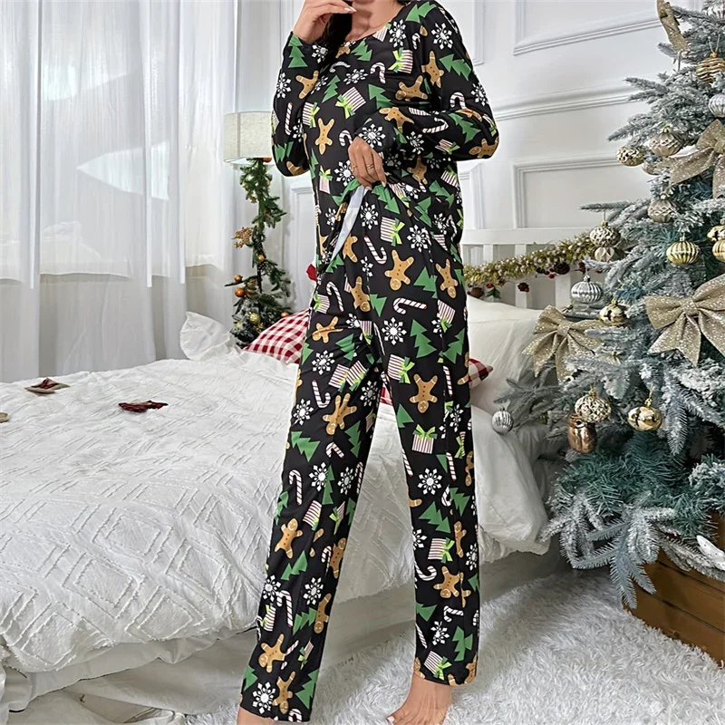 Women Christmas Pajama Sets Snow/Tree Print Long Sleeve T-shirt Tops with Pants Sleepwear Loungewear 2 Pieces Set 2024