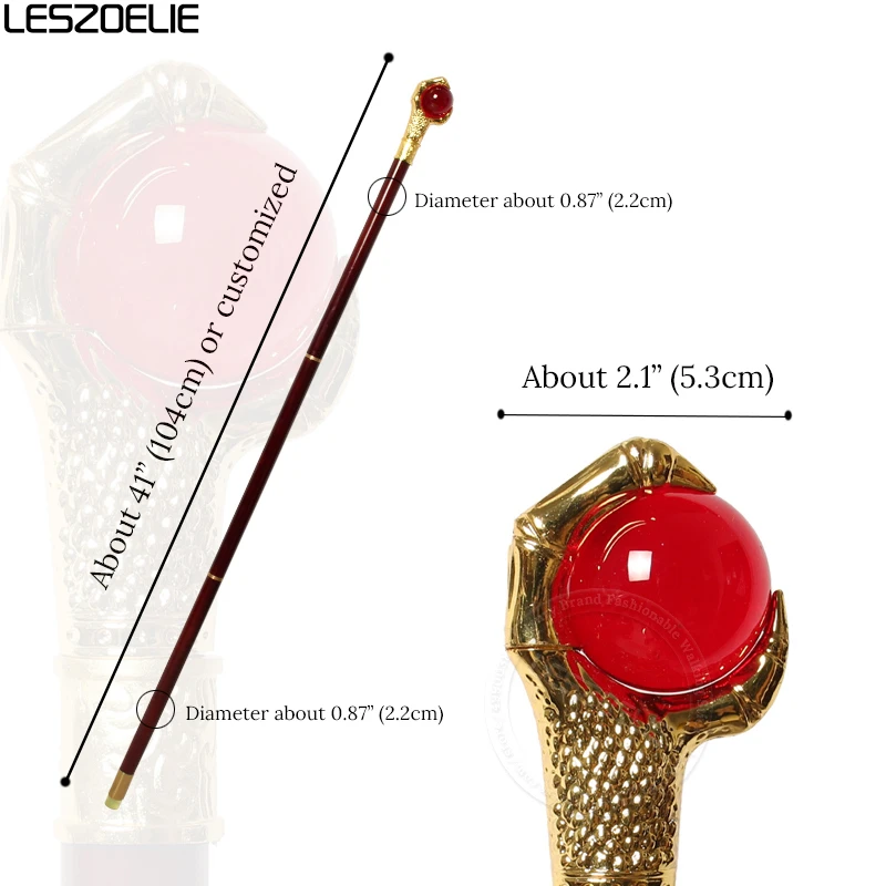 Bastón de madera para hombre y mujer, garra de dragón dorada de 104cm con bola de cristal roja, 3 piezas