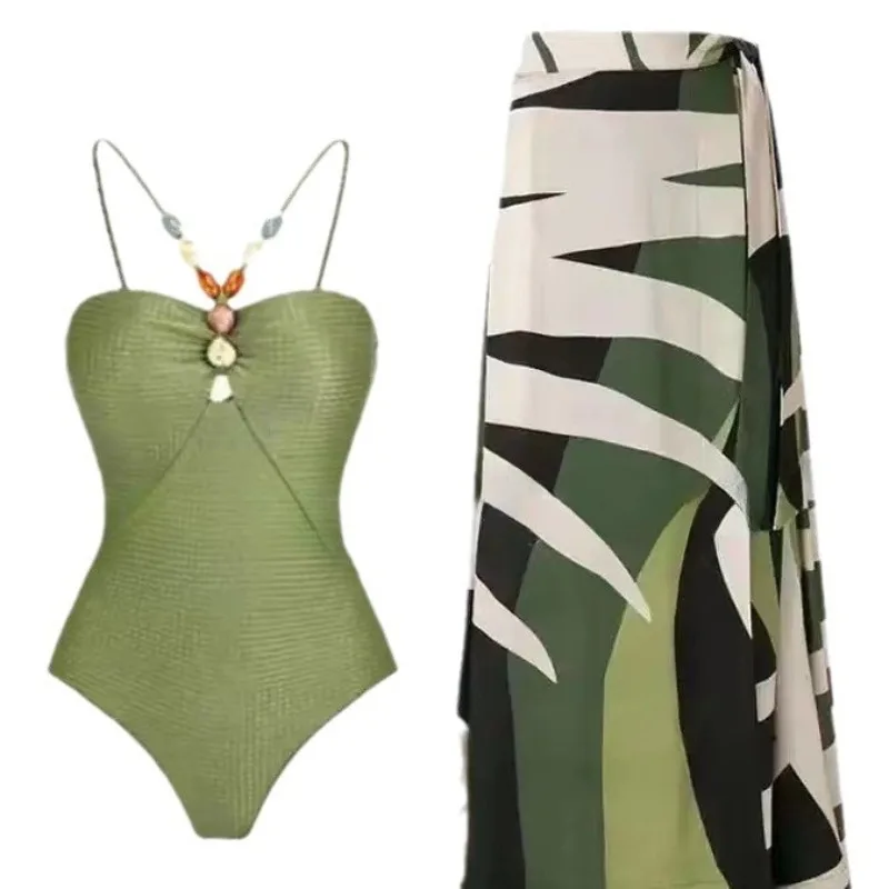 

One-piece swimsuit bikini set with belly covering beach dress chiffon spa bathing suit