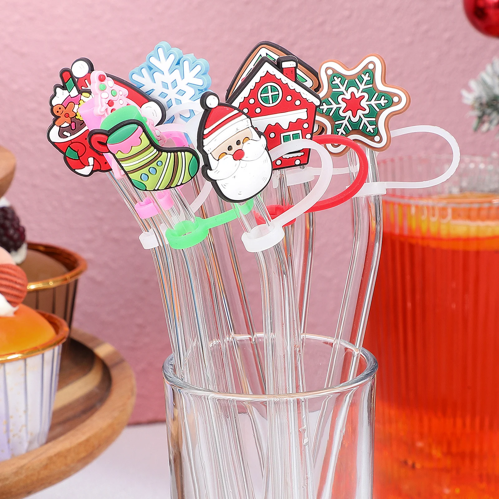 

9Pcs Silicone Straw Tips Covers Reusable Christmas Pattern Straw Caps for Tumblers Small Protective Plugs Stylish Drinkware