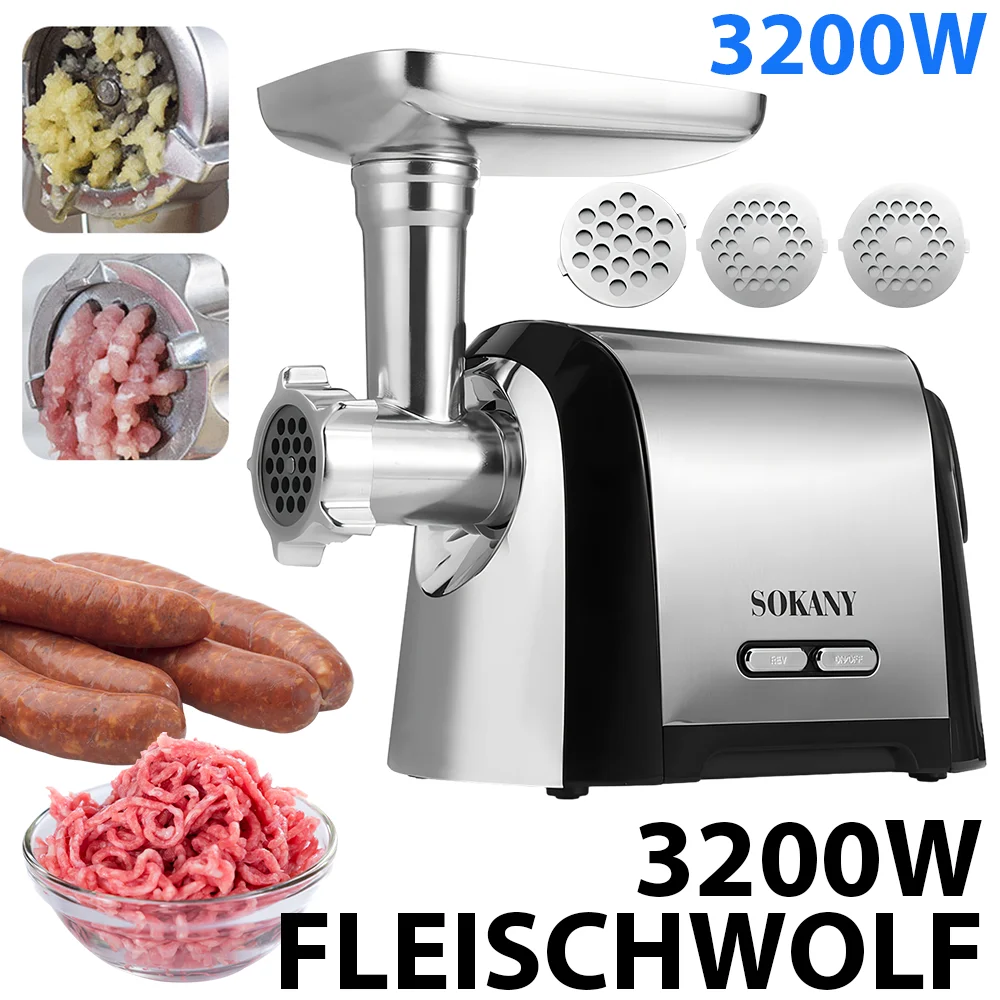 Picadora de carne eléctrica de 3200W, picadora de acero inoxidable, embutidor de salchichas, picadora de carne eléctrica potente, procesador de alimentos para el hogar y la cocina
