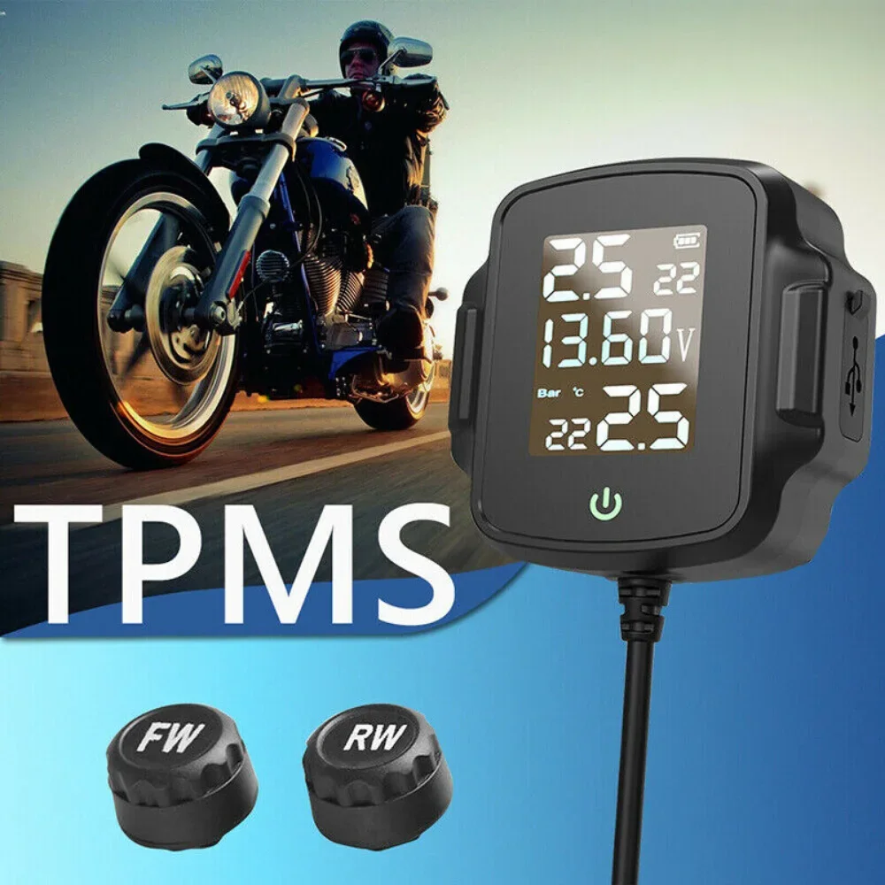 Motorcycle TPMS Tire Pressure Wireless Tyre Temperature Monitoring Alarm System with QC 3.0 USB Charger for Phone Tablet