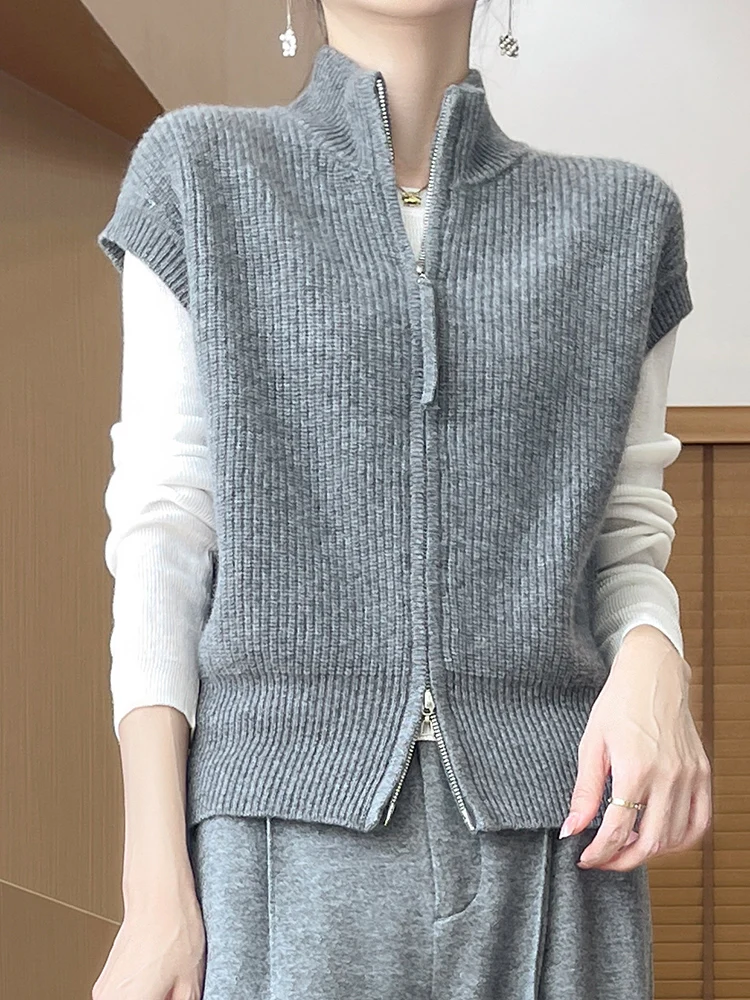 2024 New 100% Merino Wool Women Zipper Waistcoat Autumn Winter Mock-neck Sleeveless Cardigan Thick Cashmere Sweater Knitted Vest