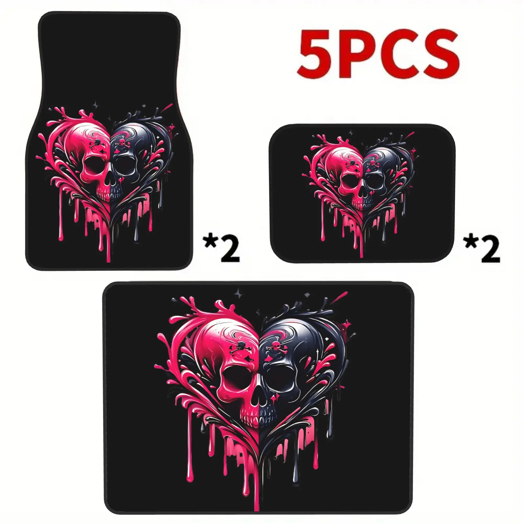 2D Flat Printing 5pcs Dripping Paint Skull Heart Printed Car Mats Set (4 Floor Mats And 1 Trunk Mat), Made Of Durable Polyester
