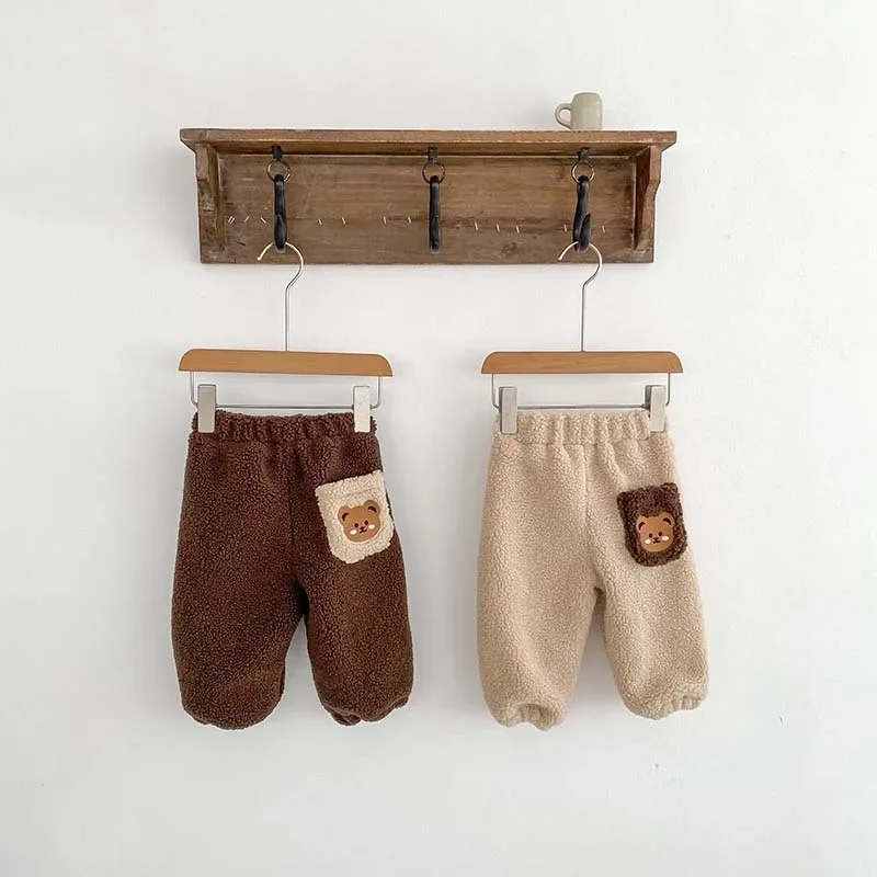 Winter Plush Thicken Warm Baby Pants Cute Bear 2023 Korean Toddler Plush Pants Double Layered Newborn Thick Outer Wear