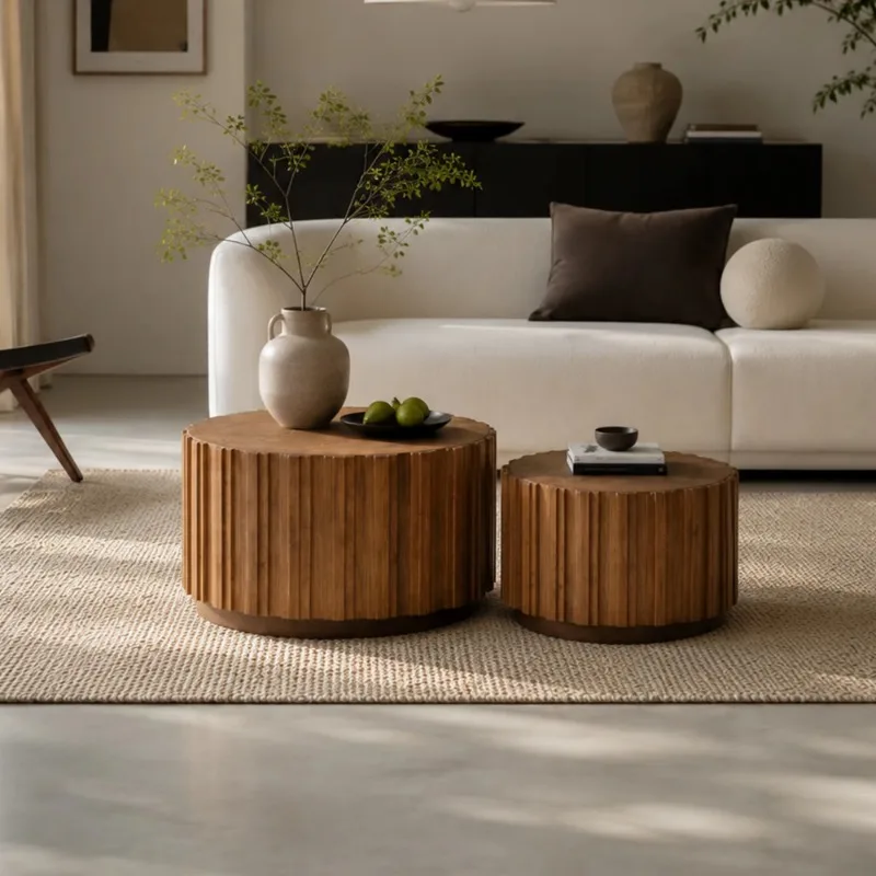 Round Nested Coffee Table Vertical Slatted Side Table