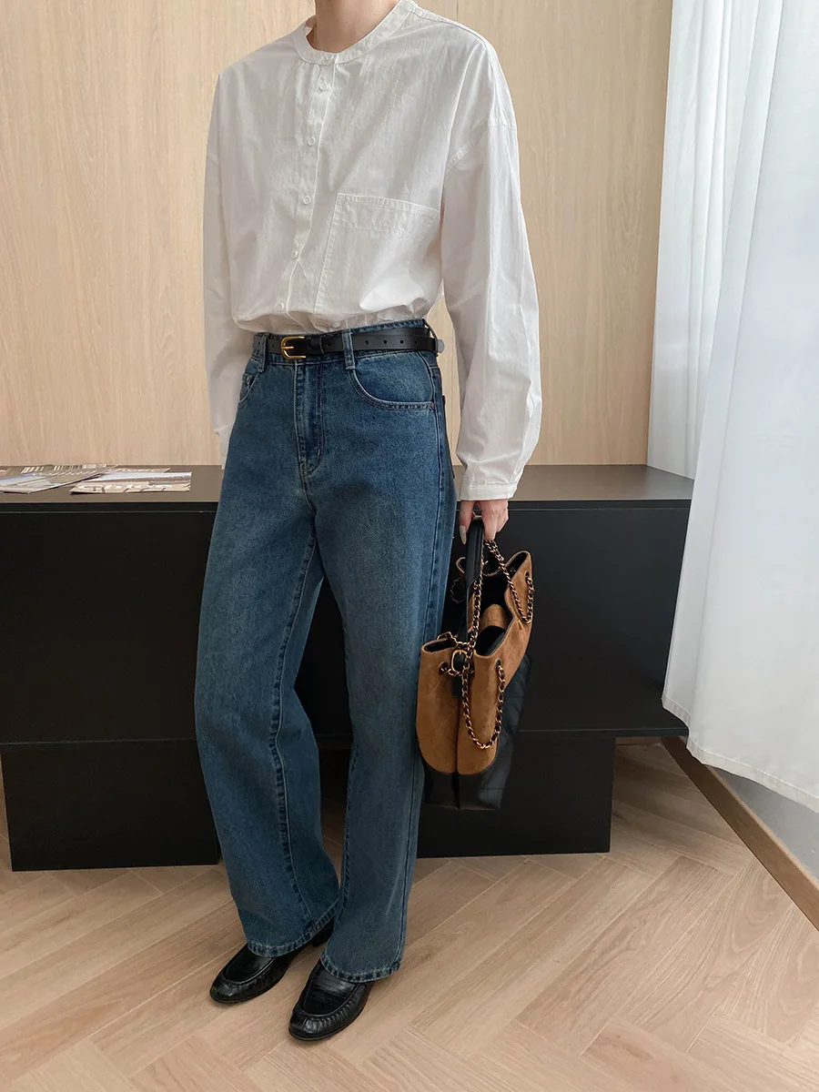 Women Denim Pant Jeans Long Pants Vintage High Waist Straight Trousers Y2k Streetwear Elegant Splice Work Casual Autumn Winter