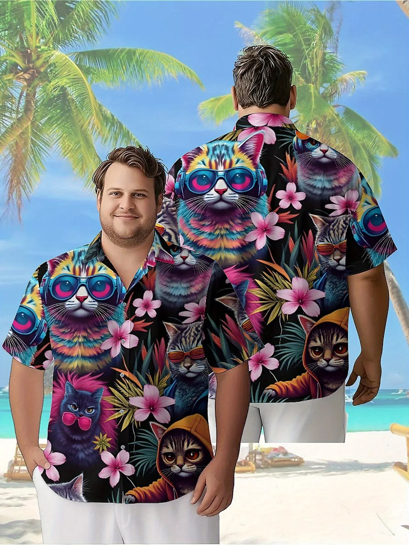 

Men's Plus Size Hawaiian Shirts Rainbow Cat Trend Pattern, Button Up Shirts, Unisex Casual Clothing, Summer Tops