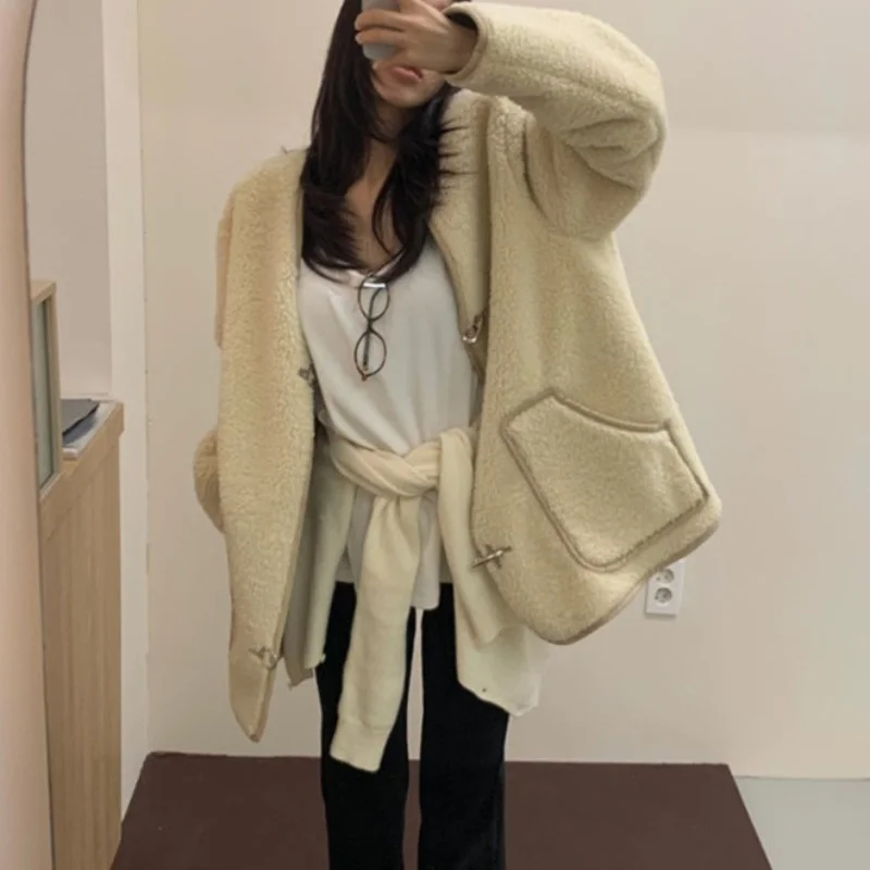 Ladies' Chic Oversized Lamb Fur Jaet Metal Bule Warm Autumn Winter New Sle Faionable Color Blo Commute Sle