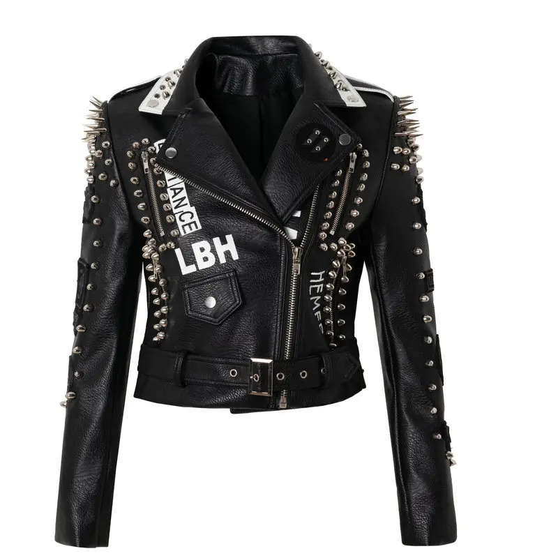 Black Motorcycle Jacket PU Material Woman\'s Biker Coat Long Rivet Casual Motorcycle Clothes Rock Punk Jacket Small Size S-XXXL