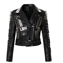 Black Motorcycle Jacket PU Material Woman's Biker Coat Long Rivet Casual Motorcycle Clothes Rock Punk Jacket Small Size S-XXXL