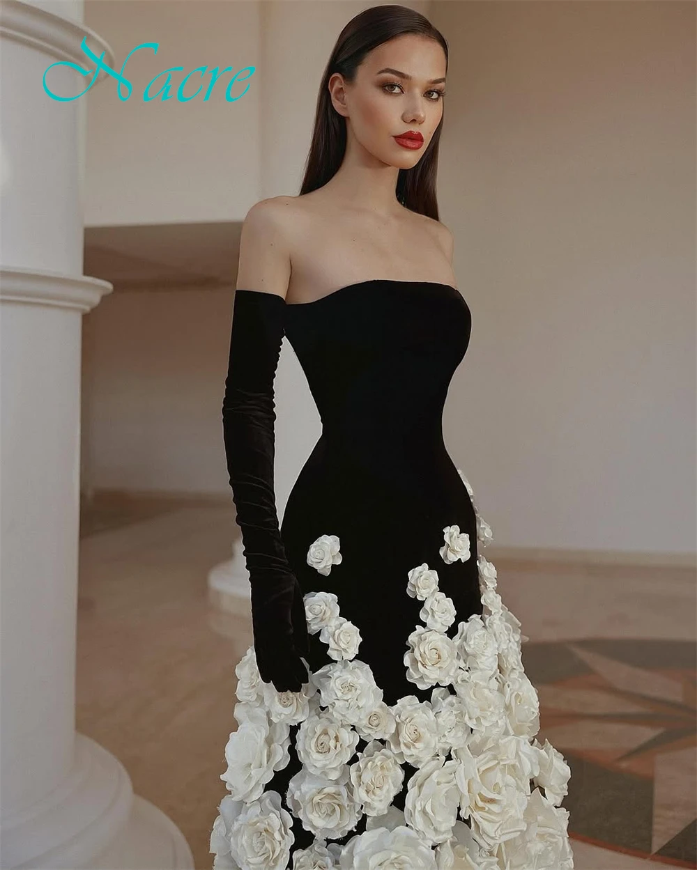 

Customized Delicate Jersey Evening Dress Delicate Boat Neck Prom Dresses Temperament Long Sleeves Flowers Special Occasion Gowns