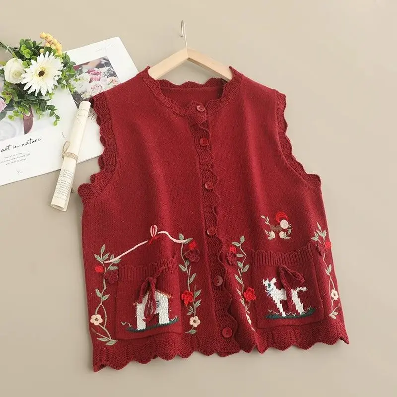 Вязаный жилет с вышивкой Mori для девочек, женский осенне-зимний однобортный свитер без рукавов, винтажный милый жилет, кардиган