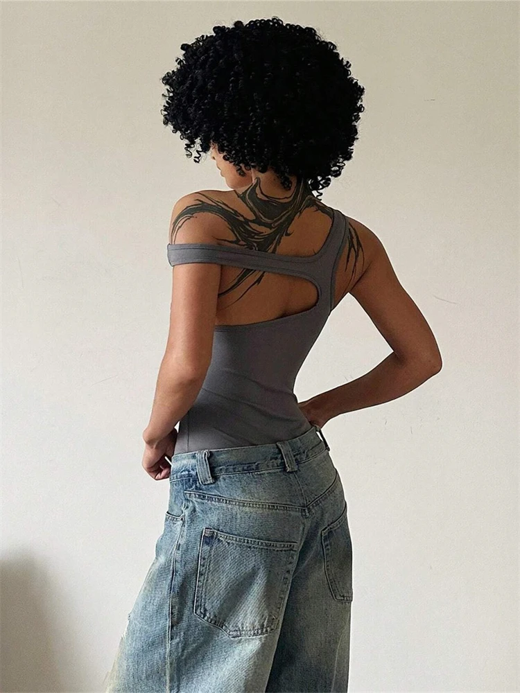 Summer women's square neck sexy slim fit solid color top spicy girl backless vest hollowed out design jumpsuit