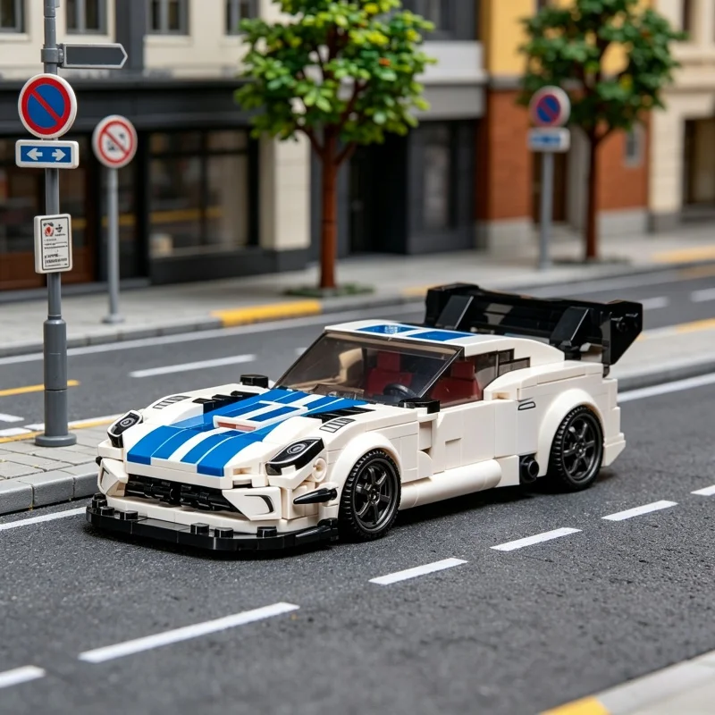 

2026 White And Blue Stripes Supercar Building Blocks 394 Pieces Collectible Race Car Model Creative Desktop Ornament