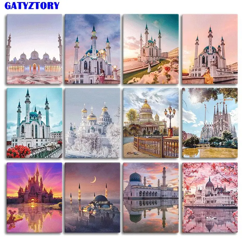 

GATYZTORY Oil Painting By Numbers Castle Landscape Wall Art On Canvas Picture By Numbers Tower For Living Room Unique Gift