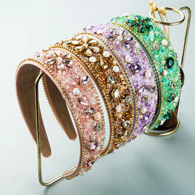 

Pastel Crystal Crushed Stone Headband Glitter Rhinestone Hair Hoop Baroque Pearl Wedding Party Prom Hair Accessory