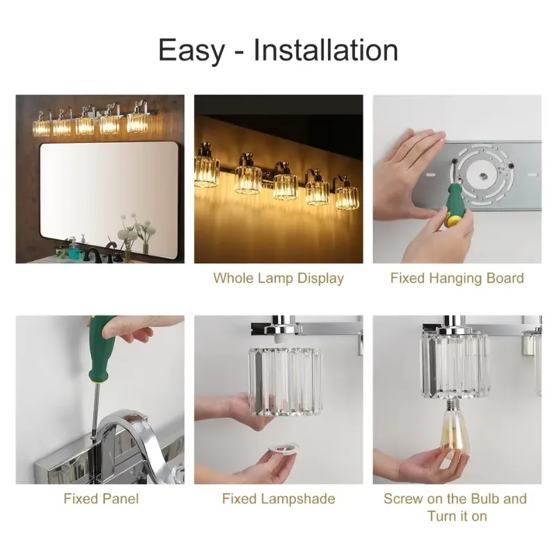 현대적인 욕실 화장품 램프 스테인리스 스틸 크리스탈 화장품 램프 거울 현대적인 크리스탈 욕실 벽 조명기구