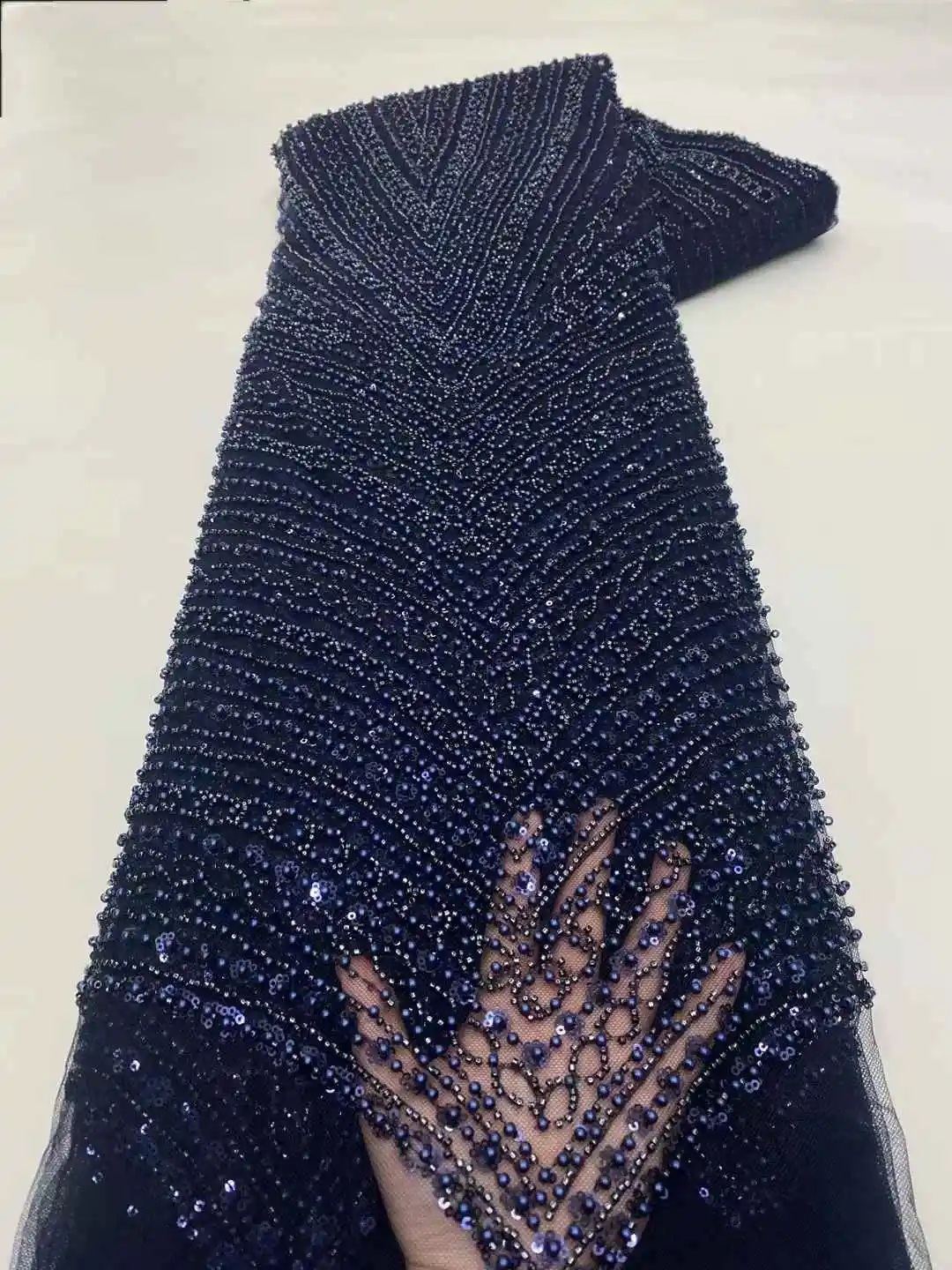 

African Lace Fabric 2025 Handmade Beaded Lace Fabric France Sequins Nigerian Embroidery Bridal Mesh Lace Fabric For Sewing