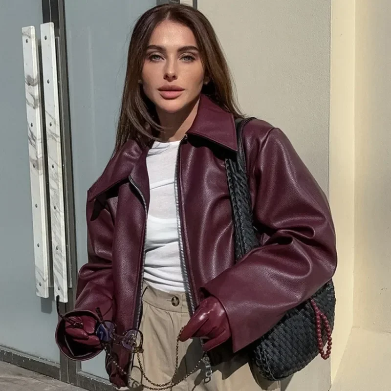 Angola Red Jacket Leather Motorcycle Street Fashion 2024 Autumn and Winter New Top Women's Elegant Coat