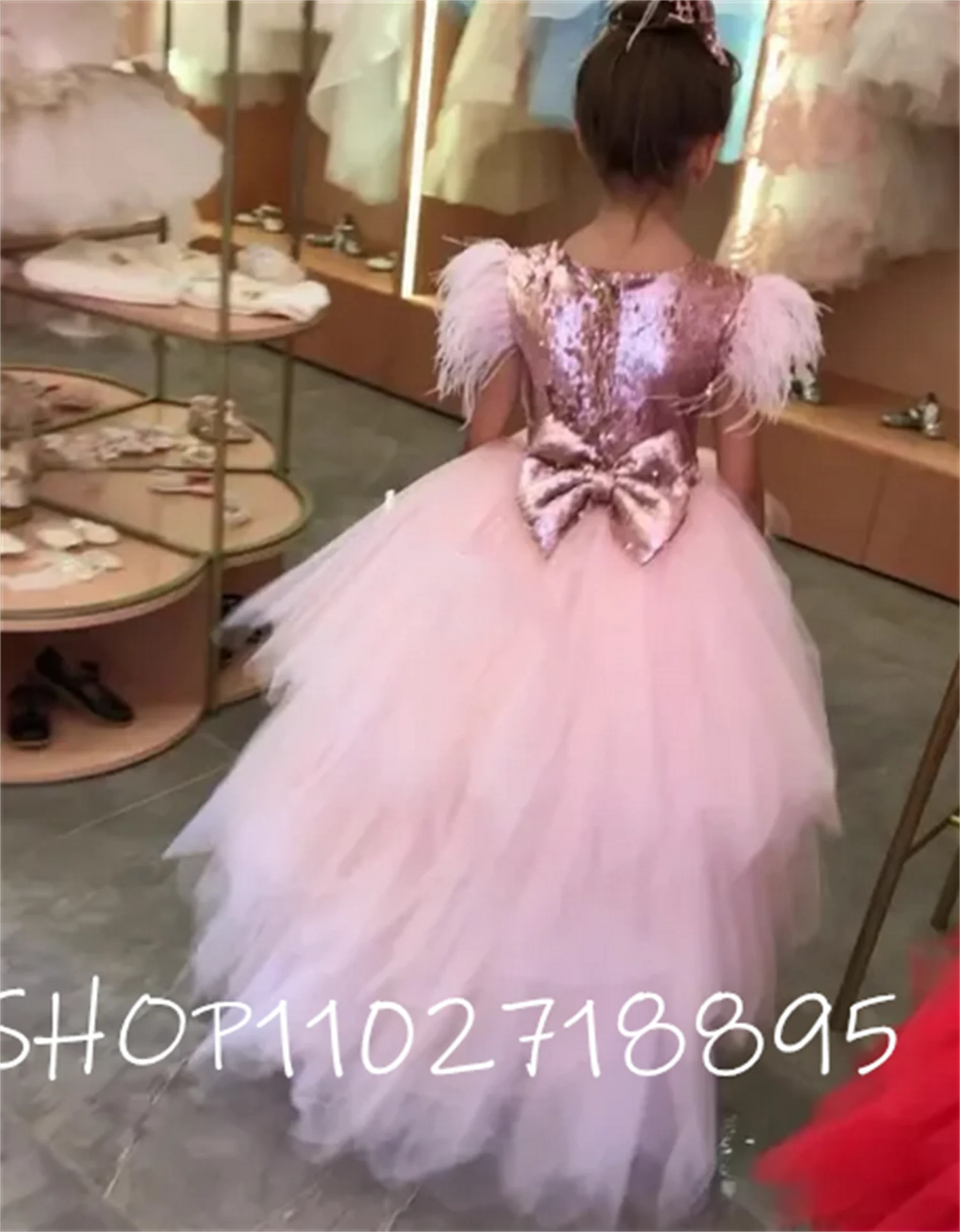 

Pink High Low Flower Girl Dress Puffy Tulle Sequins Bow Princess Birthday Party Gowns Kids Clothes 1-14Years