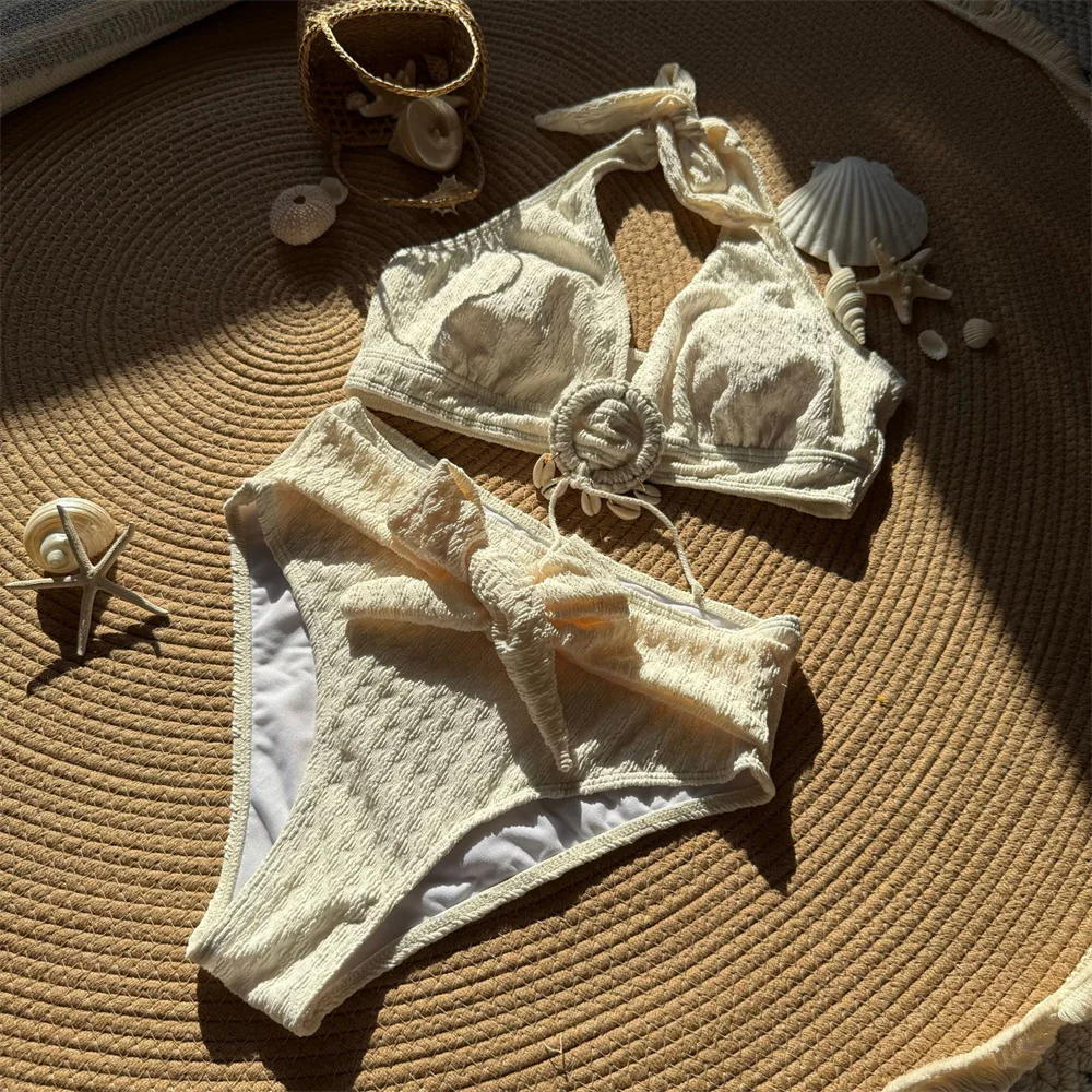 Sexy Shell Rings Bandage Swimsuit Push Up Bikini Halter Backless Swimming Suit Women Vacation Outfits Beachwear Bathing Swimwear